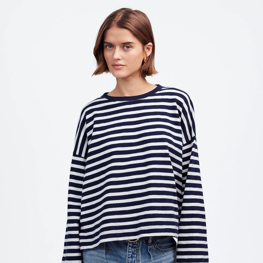 Madewell Easy Crewneck Long-Sleeve Tee in Navy Striped XS